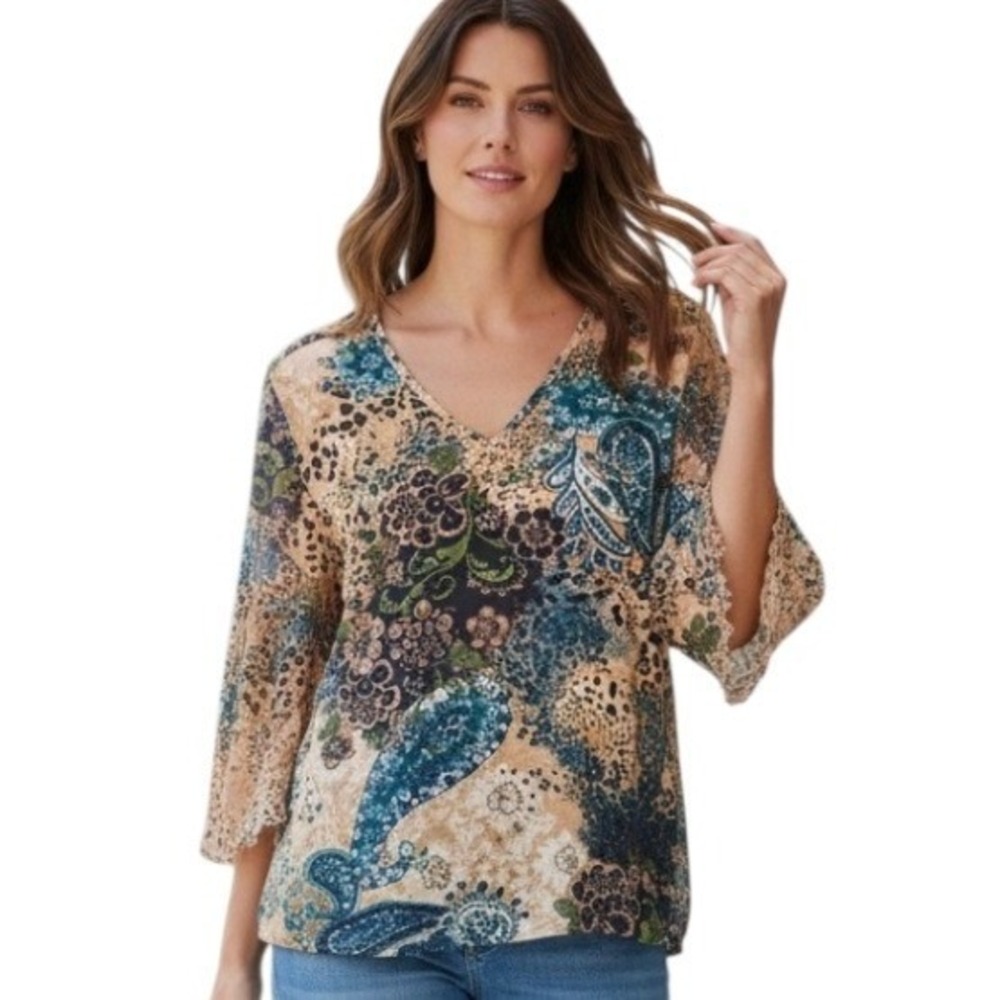 Forbidden Womens Large Floral Paisley Leopard Print Beaded V-Neck Top Multicolor